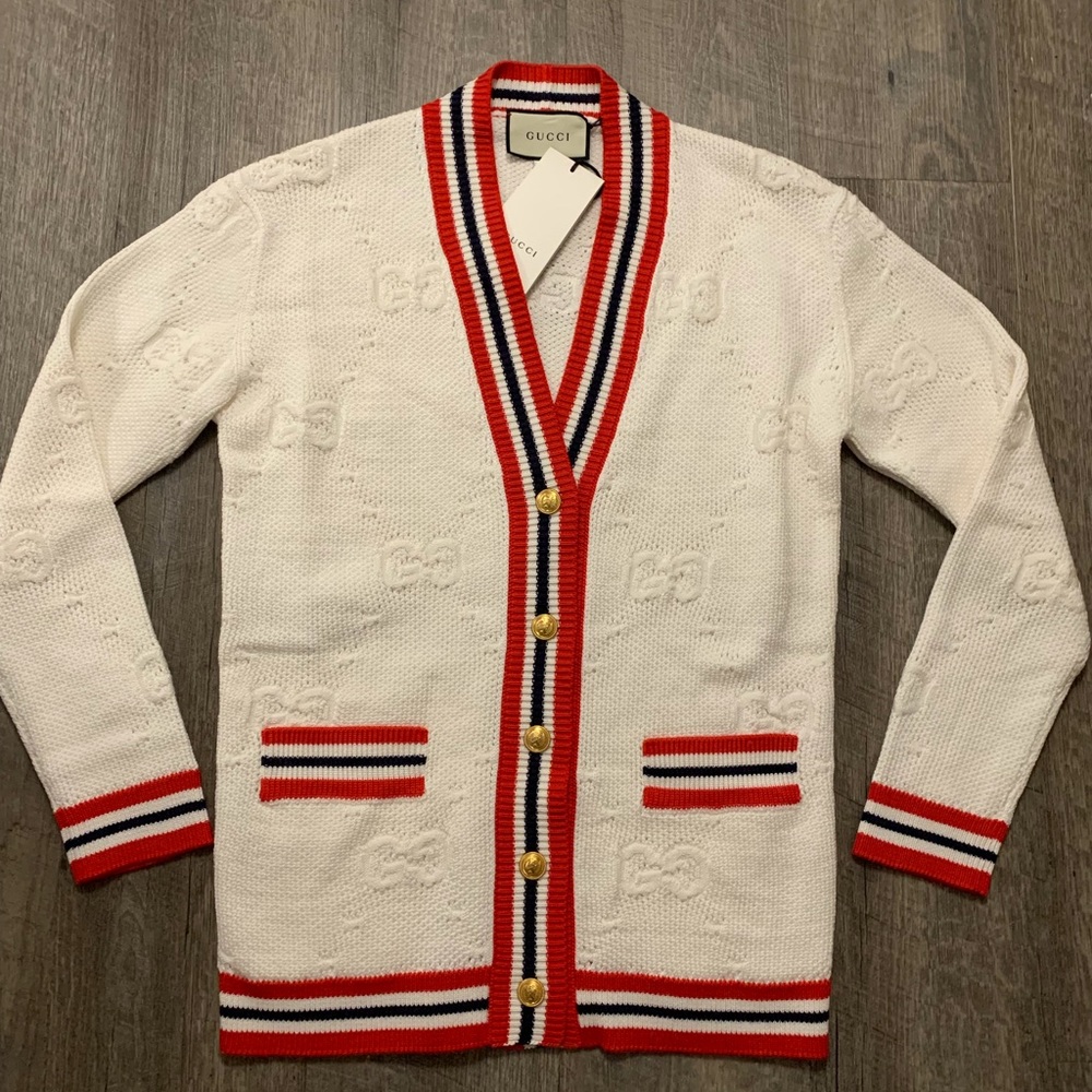 New Gucci 100% Authentic White GG Web Trim Intarsia Oversized Cardigan Jacket